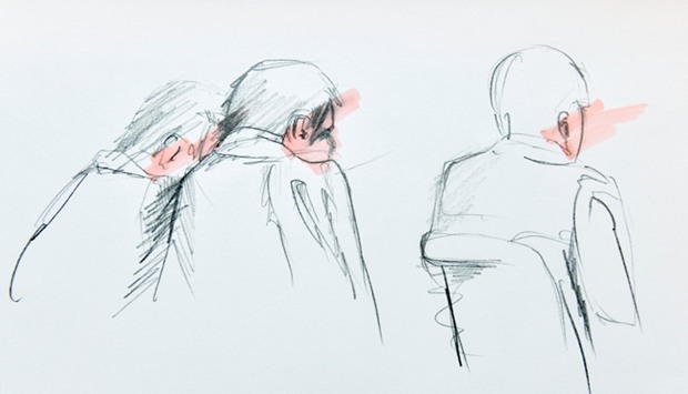 An artist's impression of Uzbek national Rakhmat Akilov (C), the prime suspect in Friday's truck attack together with his defence counsels during the remand hearing in the Stockholm District Court.