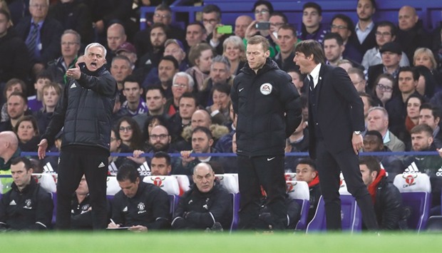 File picture of Manchester United manager Jose Mourinho and Chelsea manager Antonio Conte during the FA Cup quarter-final at Stamford Bridge.