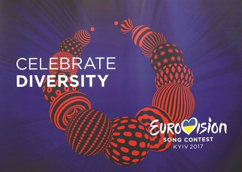 The logo of the 2017 Eurovision Song Contest is seen during a ceremony in Kiev on January 31 to hand over the Eurovision host city insignia to the Ukrainian capital.