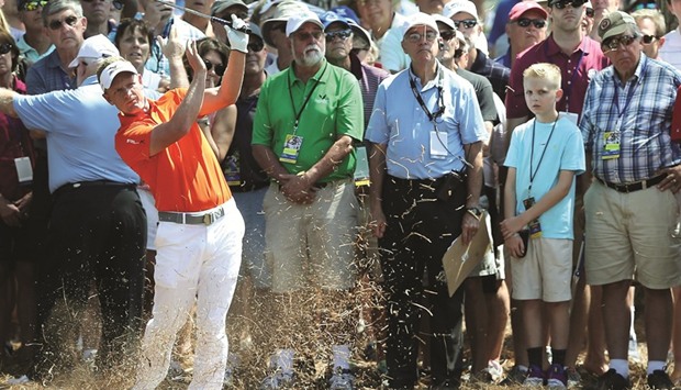 Luke Donald of England hits in action during the 2017 RBC Heritage.