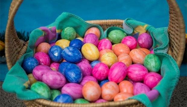 Coloured eggs are pictured on Easter Sunday in Mitterteich, sothern Germany.