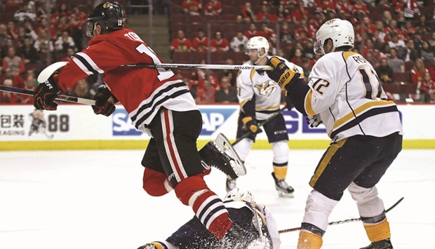 Action during the game between Chicago Blackhawks and Nashville Predators in Game Two of Western Conference playoffs.