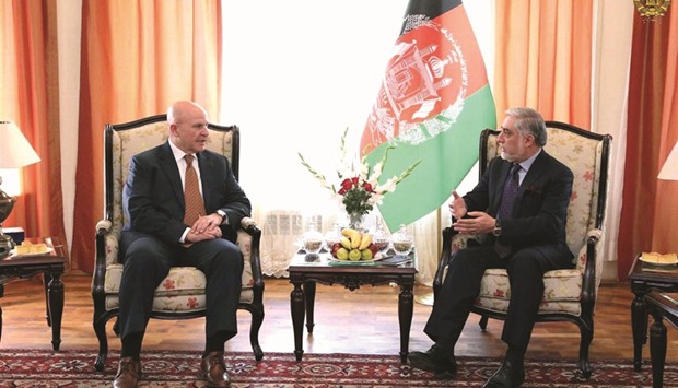 Afghan Chief Executive Abdullah Abdullah meets with US National Security adviser of President Trump, HR McMaster in Kabul yesterday.