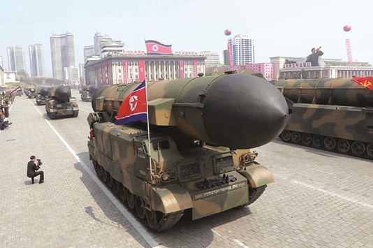 This April 15, 2017 picture released from North Koreau2019s official Korean Central News Agency (KCNA) yesterday shows Korean Peopleu2019s ballistic missiles being displayed through Kim Il-sung square during a military parade in Pyongyang marking the 105th anniversary of the birth of late North Korean leader Kim Il-sung.