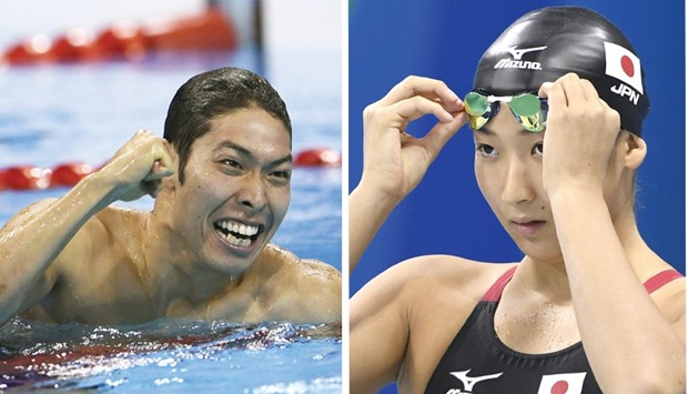 This combination of pictures shows Japanu2019s Kosuke Hagino (top) celebrating after winning the Menu2019s 400m Individual Medley final during the swimming event at the Rio 2016 Olympic Games at the Olympic Aquatics Stadium in Rio de Janeiro on August 6, 2016. At right, Japanu2019s Rikako Ikee prepares for competing in the Womenu2019s 100m Freestyle semi-final during the Games.