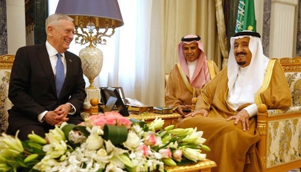 Saudi Arabia's King Salman is seen with US Defence Secretary James Mattis in Riyadh on Wednesday.