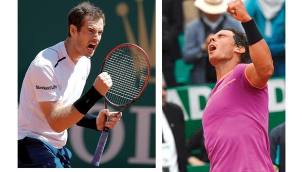 Britainu2019s Andy Murray reacts during his Monte Carlo Masters match against Luxemburgu2019s Gilles Muller in Monaco yesterday. Right: Spainu2019s Rafael Nadal celebrates after winning against Britainu2019s Kyle Edmund at the Monte Carlo Masters in Monaco yesterday. (Reuters/AFP)