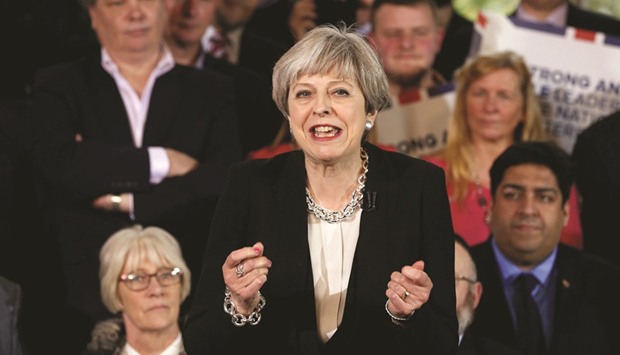 Britainu2019s Prime Minister Theresa May delivers a speech to Conservative Party members to launch their election campaign in Walmsley Parish Hall, Bolton, Britain, yesterday.