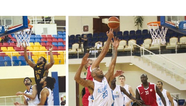 Qatar Sports Clubu2019s Edward Justice (No 11) scores against Al Khor during their Emir Cup basketball match yesterday. Right: Gharafau2019s Sammy Monroe (No 23) vying for the ball with Shamal players during their Emir Cup basketball match yesterday. PICTURES: Othman Iraqi