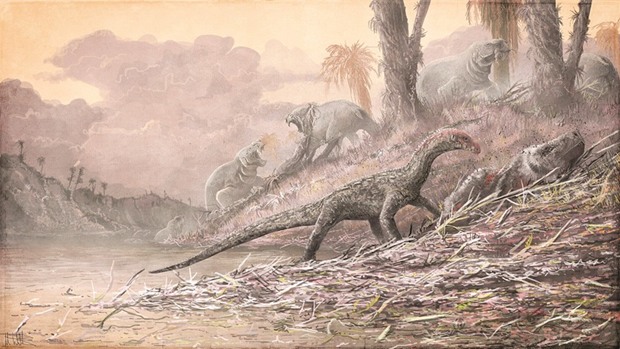 DEPICTION: An artistu2019s impression of a Teleocrater rhadinus feasting on a deep relative of mammals, Cynognathus. The large dicynodont Dolichuranus is seen in the background.