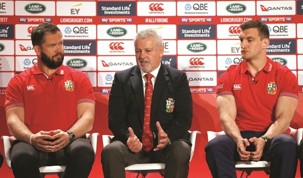 British & Irish Lions head coach Warren Gatland with defence coach Andy Farrell and captain Sam Warburton during the squad announcement on Wednesday. (Reuters)