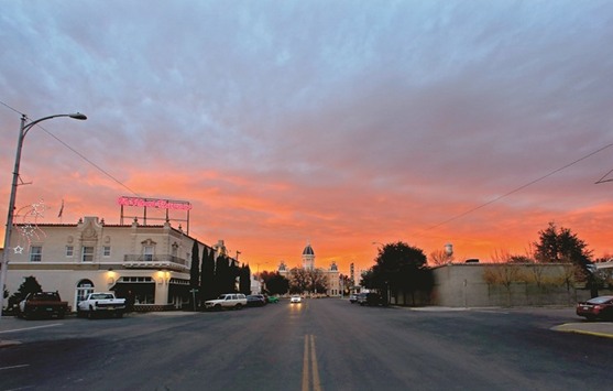 Sunset over The Hotel Paisano and the courthouse in Marfa.