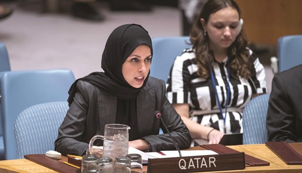 Qataru2019s Permanent Representative to the UN, ambassador HE Sheikha Alia Ahmed bin Saif al-Thani, delivering her speech before the UN Security Council Open Debate on the Situation in the Middle East and the u2018Palestinian Question.u201d