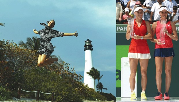 Johanna Konta of Great Britain poses in front of the Cape Florida Lighthouse after her win in the Miami Open in Key Biscayne, Florida, on Saturday. Right: Konta (right) poses with the winneru2019s trophy after beating Caroline Wozniacki (left) of Denmark in the final. (AFP)