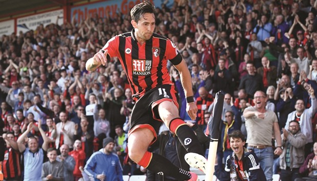 Bournemouthu2019s Charlie Daniels celebrates after scoring.