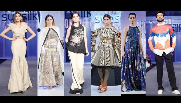 LEFT TO RIGHT: Asifa and Nabeel u2013 a collection of successfully stepping out of their comfort zone and featuring perfectly structured ruffles.  Victory by Ali Xeeshan u2013 the colourful collection with easy structured designs.  Sapphireu2019s Totem featuring the off shoulder tops and flared pants in daring black and khaki.  Khaadi Khaas u2013 the modern twist to the cuts of vibrant hues and flowing silhouettes.  Sania Maskatiya u2013 a predictable line of sumptuous prints that is her signature.  Republic by Omer Farooqu2019s Paradox, taking inspiration from Japanese work-play balance using cotton, denim and a variety of silks.