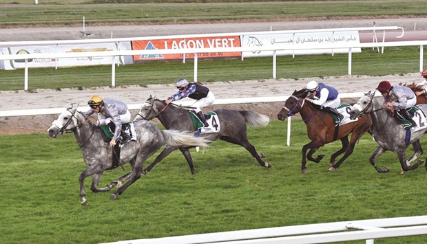 Jockey Jerome Cabre (left) guides Al Shaqab Racingu2019s Khataab to victory in the Sheikh Zayed Bin Sultan Al Nahyan (Prix de Carthage u2013 Hannibal) (Gr2 PA) in Toulouse, France, on Friday. PICTURE: Robert Polin