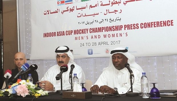 (From left) Qatar national team head coach Maggid Abu-Talib, Qatar Board of Cricket, Hockey and Rugby president Yousef al-Kuwari and general secretary Abdulla al-Khater at a press conference ahead of the Indoor Asia Cup Hockey Championship. PICTURE: Nasar T K