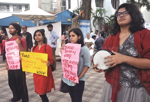 Students stage a demonstration against Uttar Pradesh Chief Minister Yogi Adityanath in Kolkata yesterday.