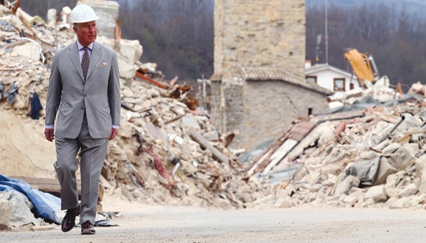 Prince Charles visits the Italian quake-hit town of Amatrice yesterday as part of his European tour aimed at strengthening relations with EU allies post Brexit.