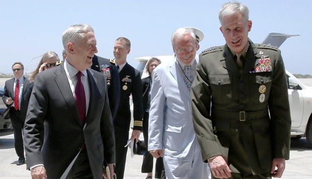 Mattis is greeted by Waldhauser as he arrives at Camp Lemonnier in Ambouli, Djibouti