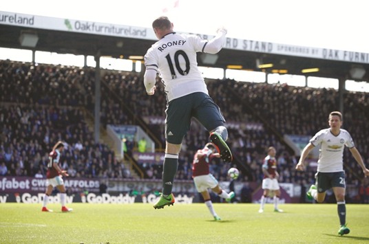 Manchester Unitedu2019s Wayne Rooney celebrates after scoring the teamu2019s second goal during the match against Burnley yesterday.