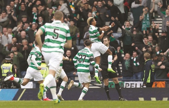 Celticu2019s Scott Sinclair celebrates scoring their second goal from the penalty spot during their Scottish Cup semi-final against Rangers at Hampden Park, Glasgow, Scotland.