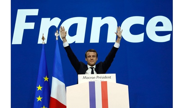 Emmanuel Macron delivers a speech at the Parc des Expositions in Paris yesterday.