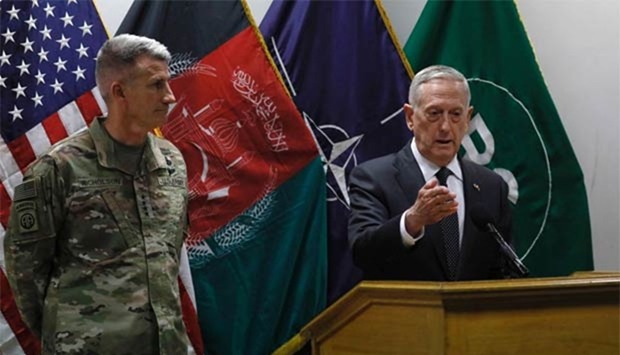 US Defence Secretary James Mattis and US Army General John Nicholson, commander of US forces in Afghanistan, hold a news conference at Resolute Support headquarters in Kabul on Monday.