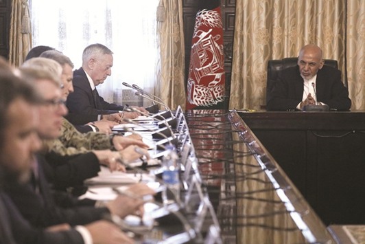 Afghan President Ashraf Ghani addresses US Defence Secretary James Mattis and his delegation at the presidential palace in Kabul yesterday. US Defence Secretary Jim Mattis arrived in Afghanistan on an unannounced visit yesterday.