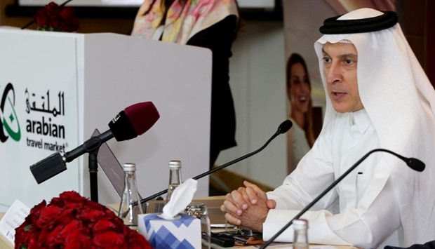 Qatar Airways Group chief executive Akbar al-Baker addressing the media at Arabian Travel Market in Dubai.