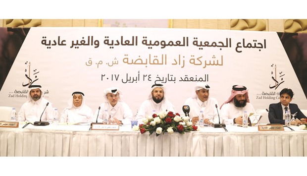 ZAD Holding vice chairman Sheikh Talal bin Mohamed bin Jabor al-Thani presides over the annual general meeting yesterday on behalf of chairman Sheikh Nasser bin Mohamed bin Jabor al-Thani. PICTURE: Jayan Orma