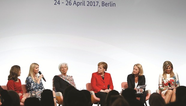 Canadau2019s Minister of Foreign Affairs Chrystia Freeland, Ivanka Trump, IMF managing director Christine Lagarde, German Chancellor Angela Merkel, German journalist Miriam Meckel, and Queen Maxima of the Netherlands at the W20 womenu2019s empowerment summit sponsored by the Group of 20 major economic powers.