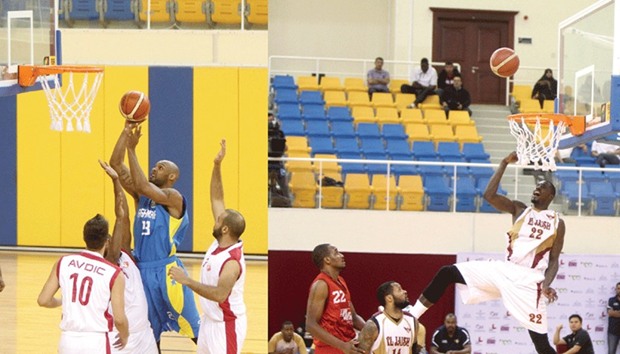 Al Gharafau2019s Sammy Monroe Jr (second from right) goes for a basket during the Emir Cup basketball semi-final against Al Shamal at Al Gharafa Sports Club yesterday. Picture at the right: El Jaishu2019s Vernon Leon Macklin (right) scores a basket in the semi-final against Al Arabi yesterday. PICTURES: Anas Khalid