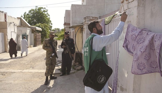 An official from the Pakistan Bureau of Statistics  marks a house after collecting information from a resident as Pakistani soldiers stand guard during the second phase of the national census in Islamabad yesterday.