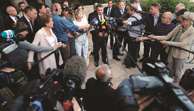 German Foreign Minister Sigmar Gabriel (centre) speaks to journalists during a press conference at a hotel in Jerusalem yesterday.