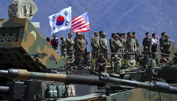 South Korea and US soldiers watch  a joint live firing drill