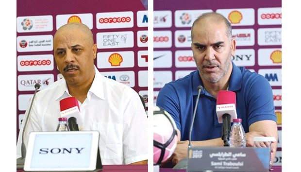 Al Gharafa coach Habib Sadeq speaks to the media yesterday. Right: Al Sailiya coach Sami Trablesi.