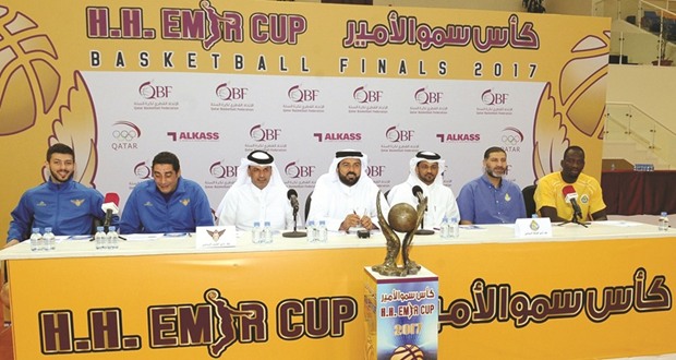 Basketball officials, players and coaches at yesterdayu2019s press conference.