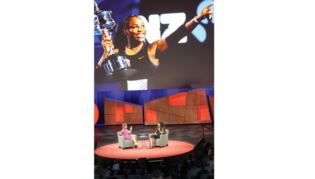 US superstar tennis player Serena Williams (R) discusses her tennis career and pending motherhood with journalist Gayle King during the TED Conference in Vancouver on Tuesday.