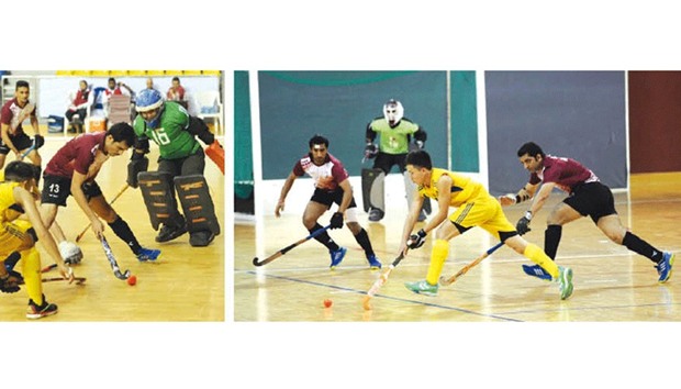 Qatar Sheraz Ali (second from right) tries to score past Kazakhstan goalkeeper Yerzhan Yelubayev (right) during their menu2019s Indoor Asia Cup Hockey semi-final at Aspire Dome yesterday. (Right) Action from the match between Qatar and Kazakhstan.