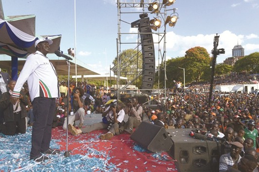 Odinga addresses supporters after he was named Kenyau2019s opposition presidential candidate for elections in August, at a large rally yesterday in the capital Nairobi.