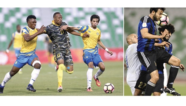 Action from the Al Gharafa vs Mesaimeer match in the Emir Cup yesterday. Picture at right shows Al Khor and Al Sailiya players battling for the ball. PICTURES: Noushad Thekkayil