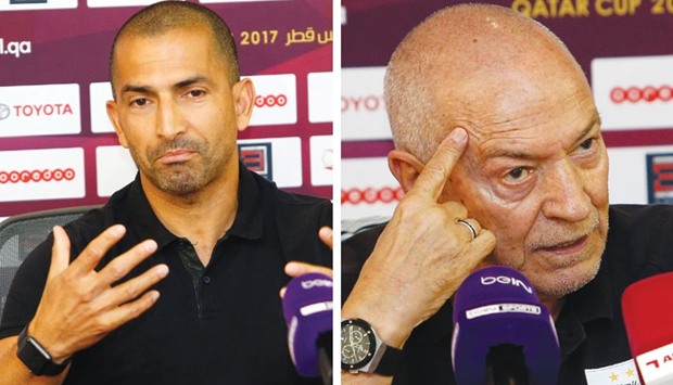 El Jaish coach Sabri Lamouchi (L) and his Al Sadd counterpart Jesualdo Ferriera make their points during their press conference ahead of todayu2019s Qatar Cup final.
