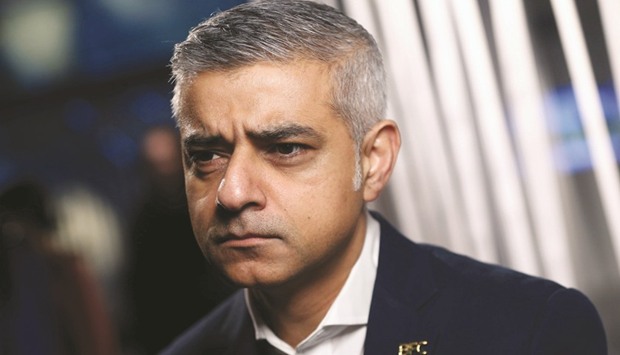 Mayor of London Sadiq Khan speaks during a television interview during London.