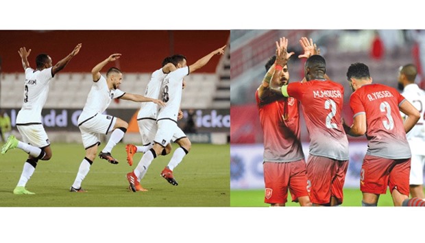 Al Sadd (left) and Lekhwiya players celebrate their big wins in the QSL yesterday.