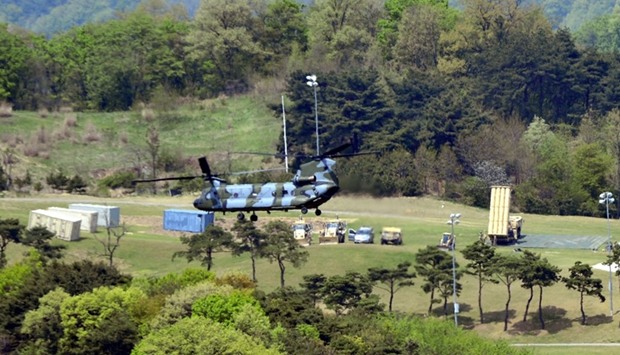 A Terminal High Altitude Area Defense (THAAD) interceptor (R) is seen in Seongju, South Korea, April 26, 2017.
