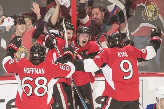 Ottawa Senators center Jean-Gabriel Pageau (second from right) celebrates his third goal in the third period of game two in the second round of the 2017 Stanley Cup Playoffs against the New York Rangers in Ottawa, Canada, on Saturday. (USA TODAY Sports)