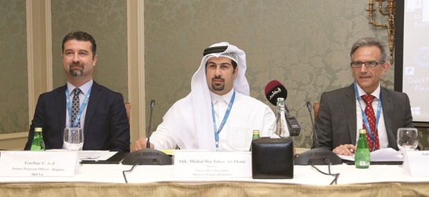 Sheikh Mishal (centre) joins (from left) Irena senior programme officer Gurbuz Gonul and Dr Antonio Sanfilippo of Qatar Environment and Energy Research Institute during the workshop held yesterday. PICTURE: Jayan Orma