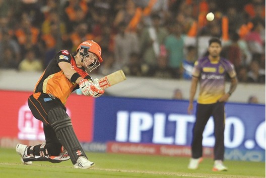 Sunrisers Hyderabad captain David Warner plays a shot during the IPL match against Kolkata Knight Riders in Hyderabad yesterday. (AFP)